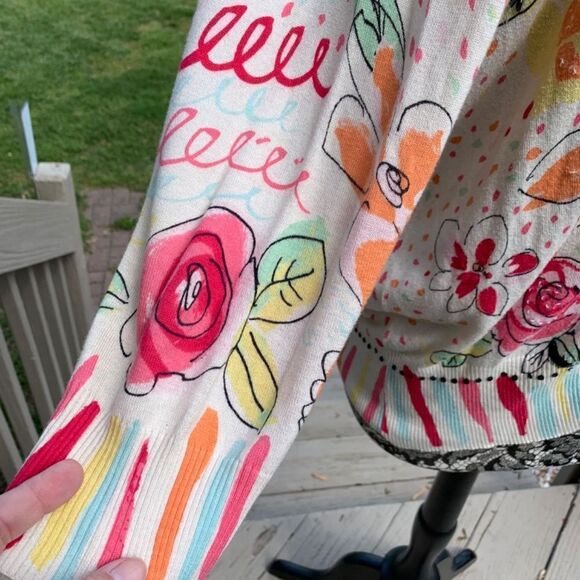 I. E. Woman Sz 1X Cream Button Up Sweater Whimsical Floral Postcard Design (C74) - Picture 3 of 15